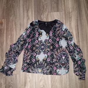 Iz byer long sleeve floral print metallic blouse size large